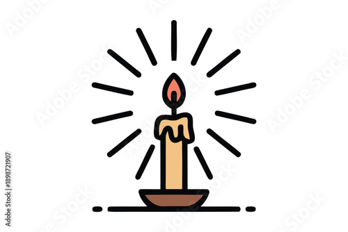 Lit beige candle with orange flame and radiating Candlemas Day black light rays in simple flat lit candle