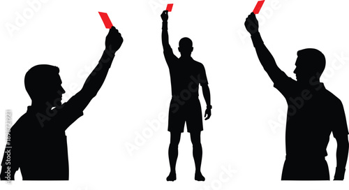 Silhouettes of a Soccer Referee Holding Up a Red Card from Multiple Angles Isolated on White for Sports Foul and Penalty Concepts