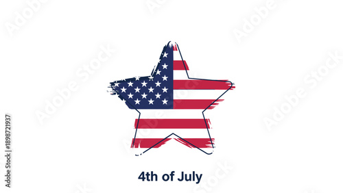Patriotic illustration for the 4th of July featuring a star-shaped American flag with a brushstroke effect on a clean white background.