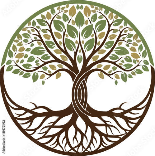 Stylized illustration of the ancient tree of life concept featuring intricately intertwined roots and branches contained within a perfect circular design element ideal for branding