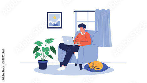 Man working comfortably from home on a laptop while sitting in an armchair with a sleeping cat and an indoor plant nearby.