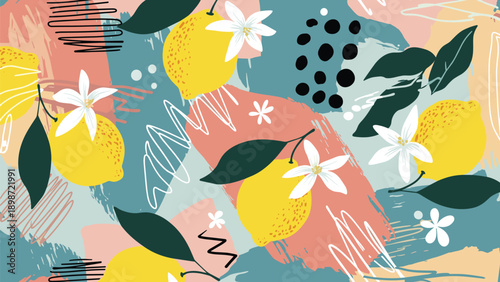 Vibrant abstract background pattern featuring yellow lemons, white flowers, and dark green leaves mixed with colorful painterly shapes.