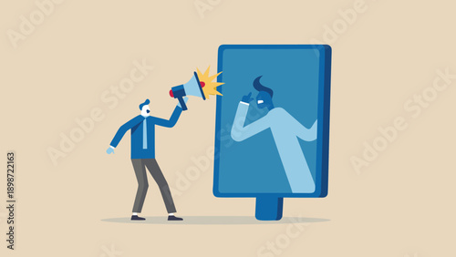 Vector illustration of man with megaphone communicating through smartphone screen, for marketing or advertising concept, isolated on beige background, png