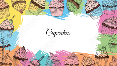 Beautiful cupcake shop banner with a border of colorful hand drawn cupcakes in various flavors on a white background.
