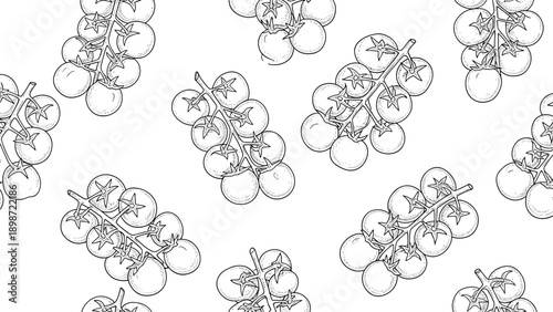 Seamless pattern featuring detailed hand drawn cherry tomatoes on branches in a minimalist black and white style.