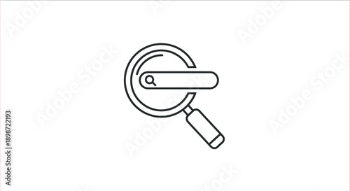 Minimalist black and white line art vector icon clearly depicting a magnifying glass focused over a generic search bar suggesting website discovery and information retrieval processes.