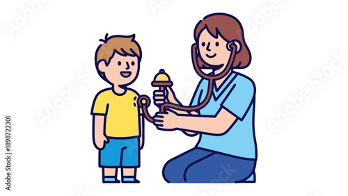 Pediatric Checkup: A child's visit to the pediatrician is depicted with care. The doctor is holding a stethoscope while examining a smiling patient to ensure the child's well-being.