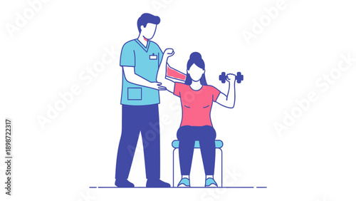 Rehabilitation Exercise: A patient strengthens her arm with dumbbell assistance from a therapist during physical rehabilitation, embodying commitment to health and wellness.