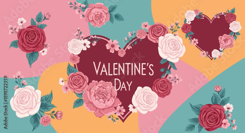 A colorful Valentine's Day graphic with roses and hearts on a pastel background