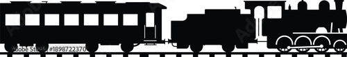 Black silhouette of train on tracks with passenger car white background
