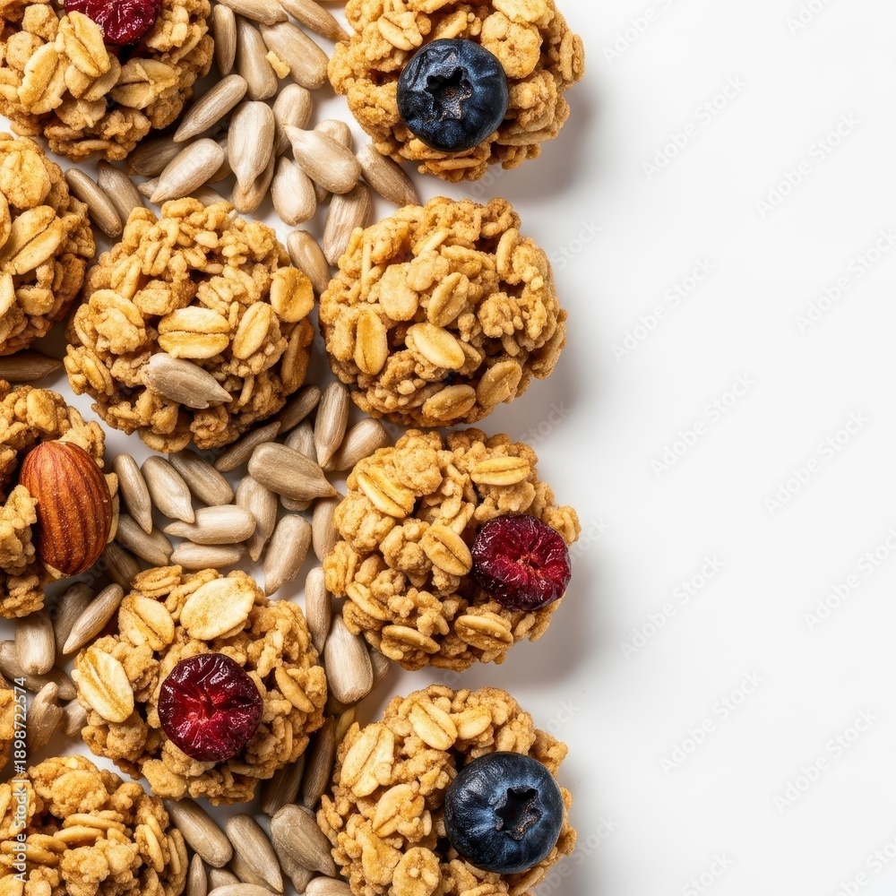 Obraz premium A visually appealing mix of crunchy homemade granola clusters and toasted sunflower seeds, providing a wholesome and fiber-rich snack or morning meal, delicious, dessert, healthy