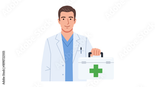 Guardian of Health: A composed medical professional stands ready, a symbol of hope and healing, holding a first aid kit, embodying expertise and compassion.