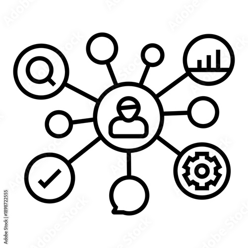 Icono de proceso de comunicación. Flujo de información, conexión de datos, gestión de procesos, interacción digital, red de análisis. Ilustración vectorial lineal
