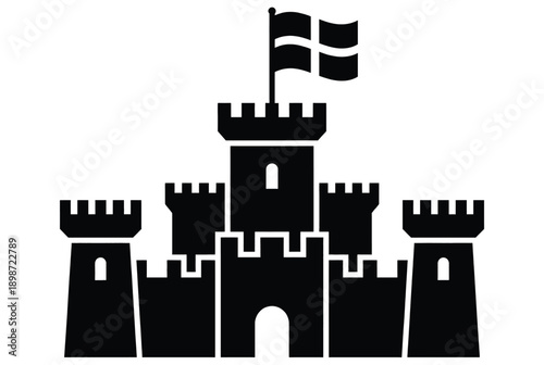 Medieval castle fortress with turrets and flag flying on top black silhouette vector illustration isolated on white background architecture icon