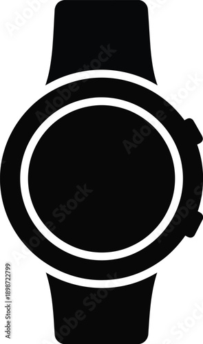 A minimalist black icon representing a modern smartwatch with a circular display and strap