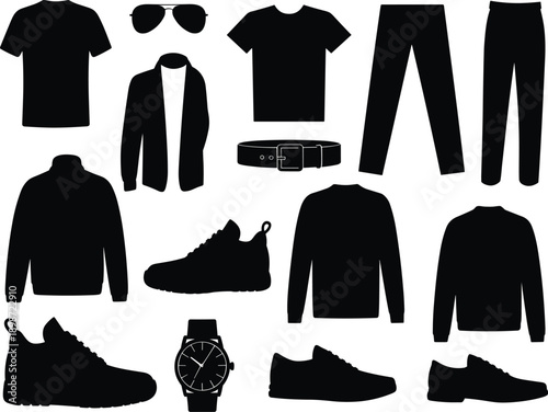 Black silhouettes of mens clothing and accessories on white menswear