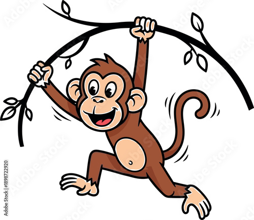 Cheerful cartoon monkey character joyfully swings from a curved tree branch using both hands while exhibiting playful energy isolated on a white background for illustration projects.
