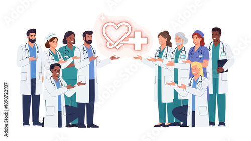 Healthcare Team with Symbol: A united team of dedicated healthcare professionals, representing a diverse range of roles, stands together.