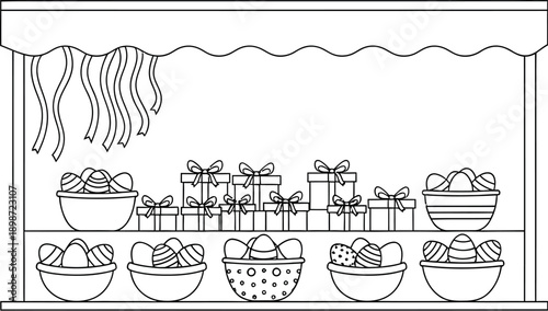 Outline drawing of an outdoor holiday market stall richly decorated with numerous wrapped gift boxes and bowls overflowing with decorated easter eggs ready for celebration.