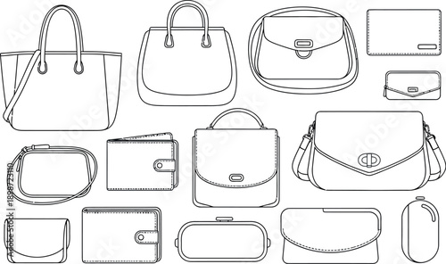 Collection of black outline icons representing various styles of women's handbags shoulder bags purses and different types of wallets for fashion design.