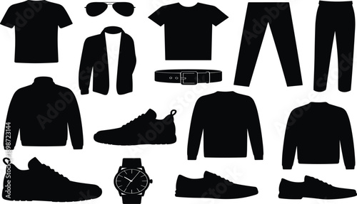 Black silhouettes of mens clothing and accessories on white background