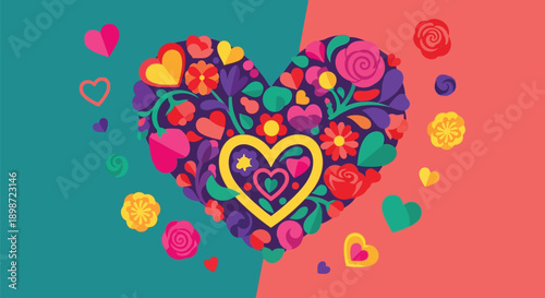 A colorful heart-shaped illustration filled with vibrant flowers and smaller hearts on a teal and pink background