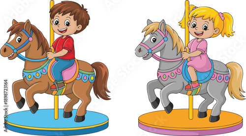 Children Enjoying Amusement Park Carousel