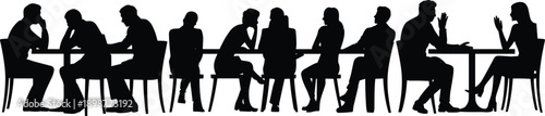 Black silhouettes of people sitting at tables in a meeting