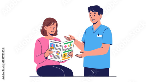 Healthcare Discussion: A health professional guide a patient through a brochure, discussing medical plans, promoting informed decisions, and highlighting the importance of health education.