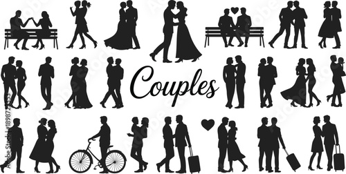 Black silhouettes of romantic couples in various poses and settings love relationships