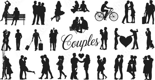 Black silhouettes of romantic couples in various poses and settings people love