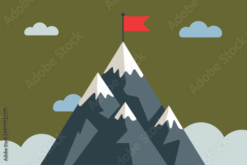 Mountain peak illustration with red flag on top representing business success, goal completion, leadership, achievement, mission accomplished, and overcoming challenges for corporate, motivational,