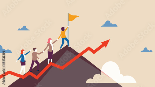Vector illustration of people climbing a graph-shaped mountain with a flag, symbolizing business success or teamwork, for presentation or website