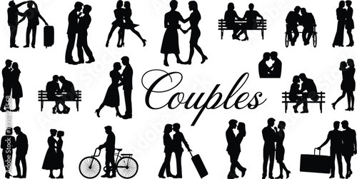 Black silhouettes of romantic couples in various poses and settings white background