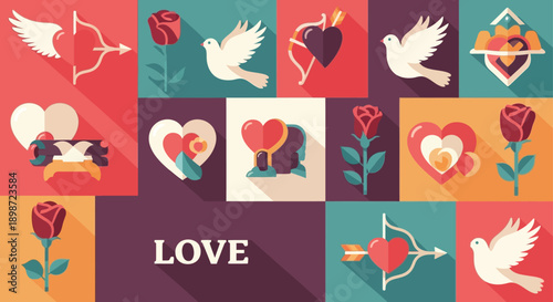 A colorful collage of love-themed icons and symbols arranged in a grid pattern