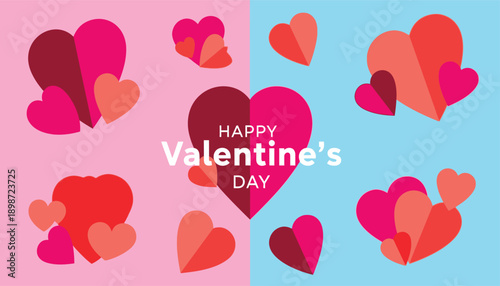 A colorful Valentine's Day graphic with hearts on pink and blue background