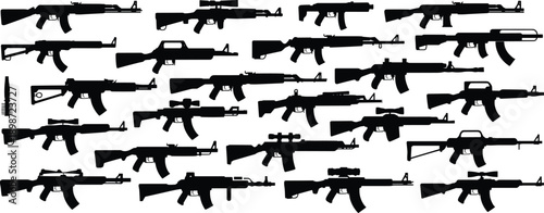 Black silhouettes of various rifles and guns on white background