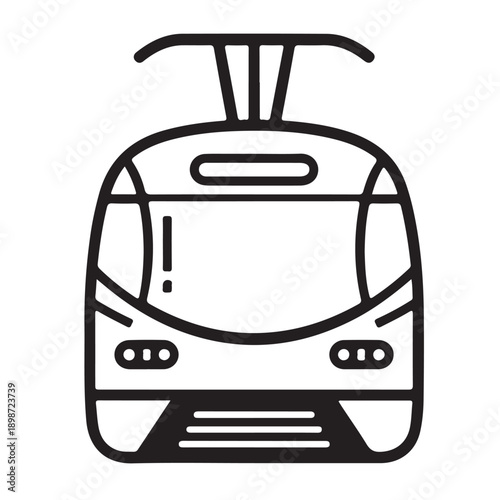 A black and white line icon illustrating the front view of a modern tram or light rail vehicle