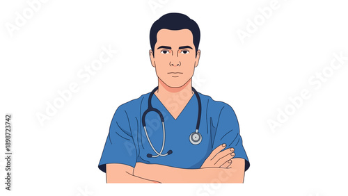 Confident Doctor: A determined doctor stands with arms crossed, exuding confidence and readiness. With a stethoscope around their neck, they embody medical professionalism and caring.