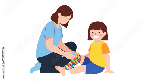 Caring for Little: A compassionate figure tends to a child, applying a vibrant bandage with tender care, reflecting empathy and support. 