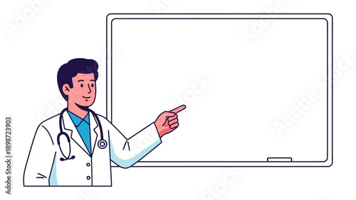 Medical Professional's Presentation: A healthcare professional points at a blank presentation board, ready to explain concepts with a focus on education and healthcare.