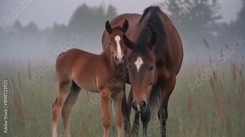 Wallpaper Mural Two brown horses, a foal and an adult, standing closely in a foggy field with tall grasses and trees in the background, conveying a sense of companionship and serenity Torontodigital.ca
