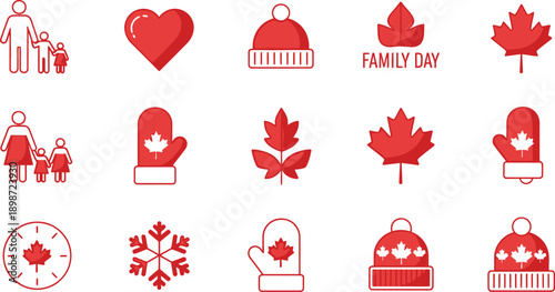Canadian winter icons and symbols for celebrating Canada day with hearts hats mittens and maple leaves