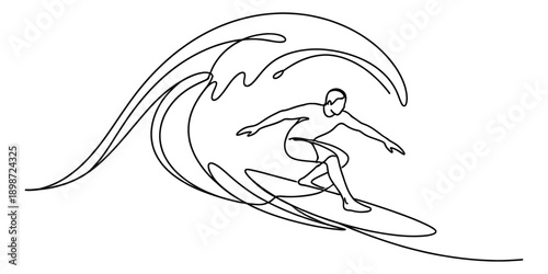 Continuous line art illustration of a surfer depicting riding a wave for water sports