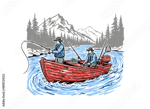 Fishing adventure vintage artwork design. Mountain river outdoor recreation illustration. Fly fishing club t-shirt graphic. Fishermen on boat hand dra