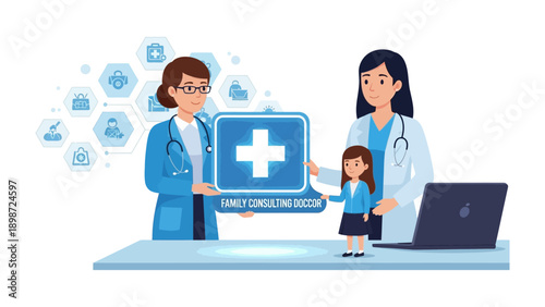 Medical Consultation and Care: A dedicated medical team, comprised of two skilled doctors and a patient, collaborate, emphasizing patient-centric care and healthcare accessibility.