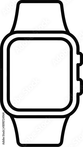 A minimalist black and white line icon illustrating a modern smartwatch with a rectangular face and a simple strap.