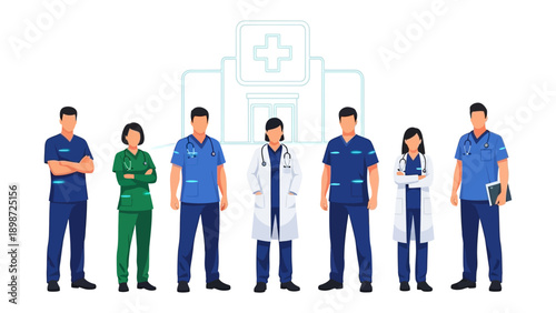Healthcare Heroes United: A dedicated team of medical professionals, ready to serve, stands united in front of a symbolic hospital, representing the essence of care. 
