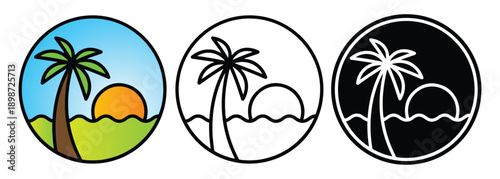 Minimalist Circular Tropical Beach Logo Set Featuring Palm Tree and Sunset Designs in Color, Line Art, and Inverted Silhouette Branding Styles.