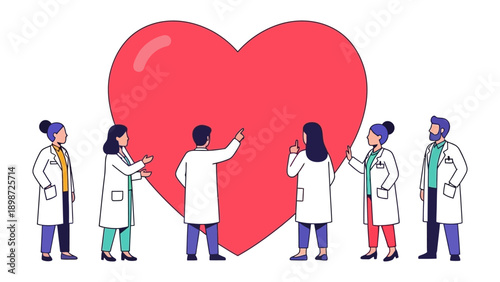 Medical Professionals Collaborate on Heart Health: A dedicated team of medical experts surrounds a large heart symbol, representing their collective commitment to care.